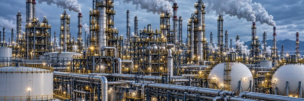 Petrochemical plant with storage spheres and processing towers