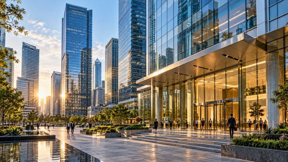 Glass office towers and a high-rise building entrance