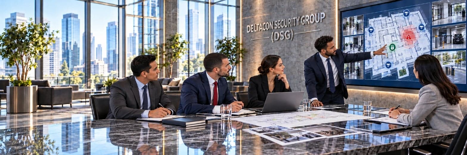 Deltacon Security Group consultants in a meeting room reviewing a security plan, with a facility map and camera feeds on a wall screen