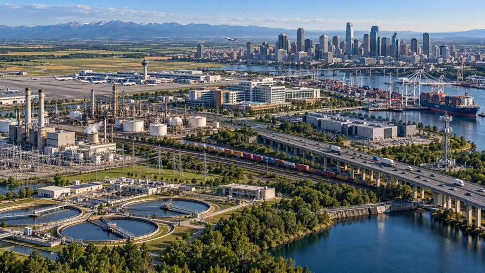 Aerial view of a city's power, water, rail, airport and port infrastructure