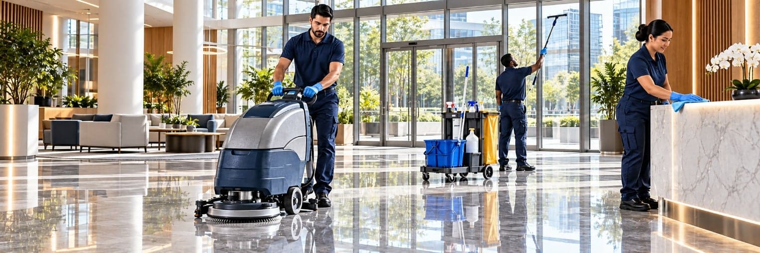 Custodial staff cleaning a bright office lobby: one operating a floor scrubber, one cleaning windows and one wiping the reception desk