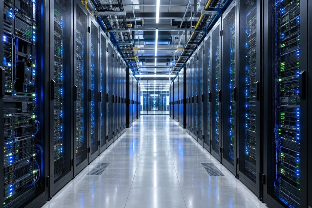 Data center aisle lined with server racks