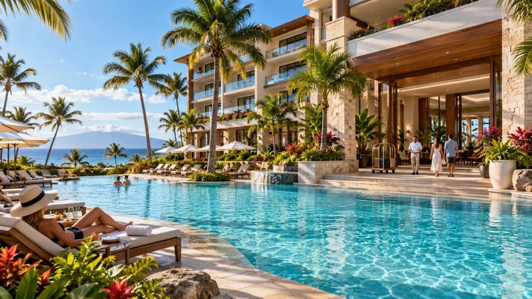 Resort hotel with a swimming pool and palm trees