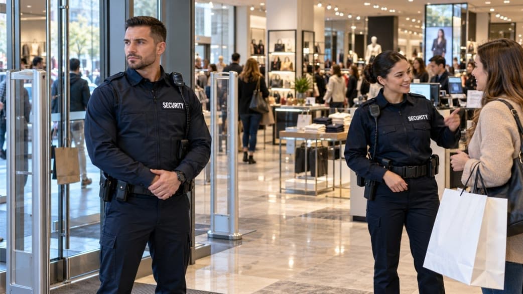 Two Deltacon security officers at a store entrance helping a shopper