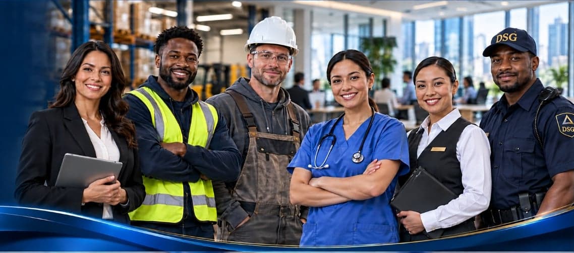 Deltacon staff from different fields standing together: an office professional, a warehouse worker in a safety vest, a construction worker in a hard hat, a nurse, a hospitality worker and a security officer