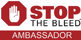 A red and white logo for stop the bleed ambassadors.