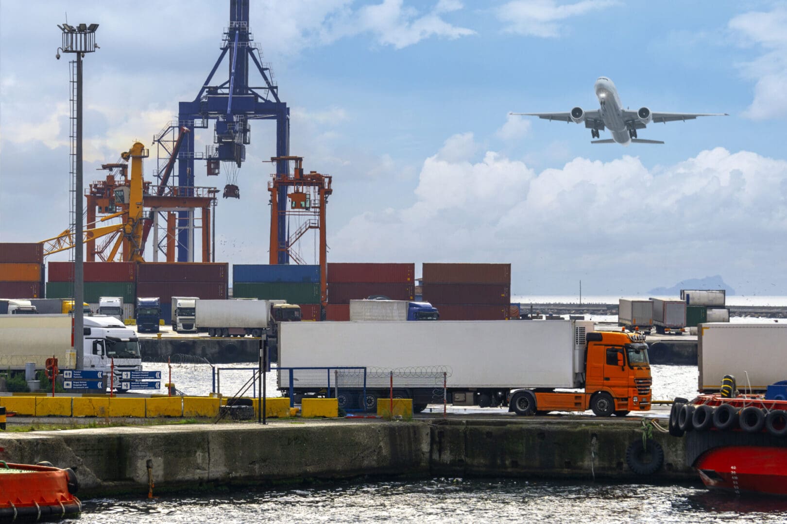 A large cargo truck is parked at the dock.