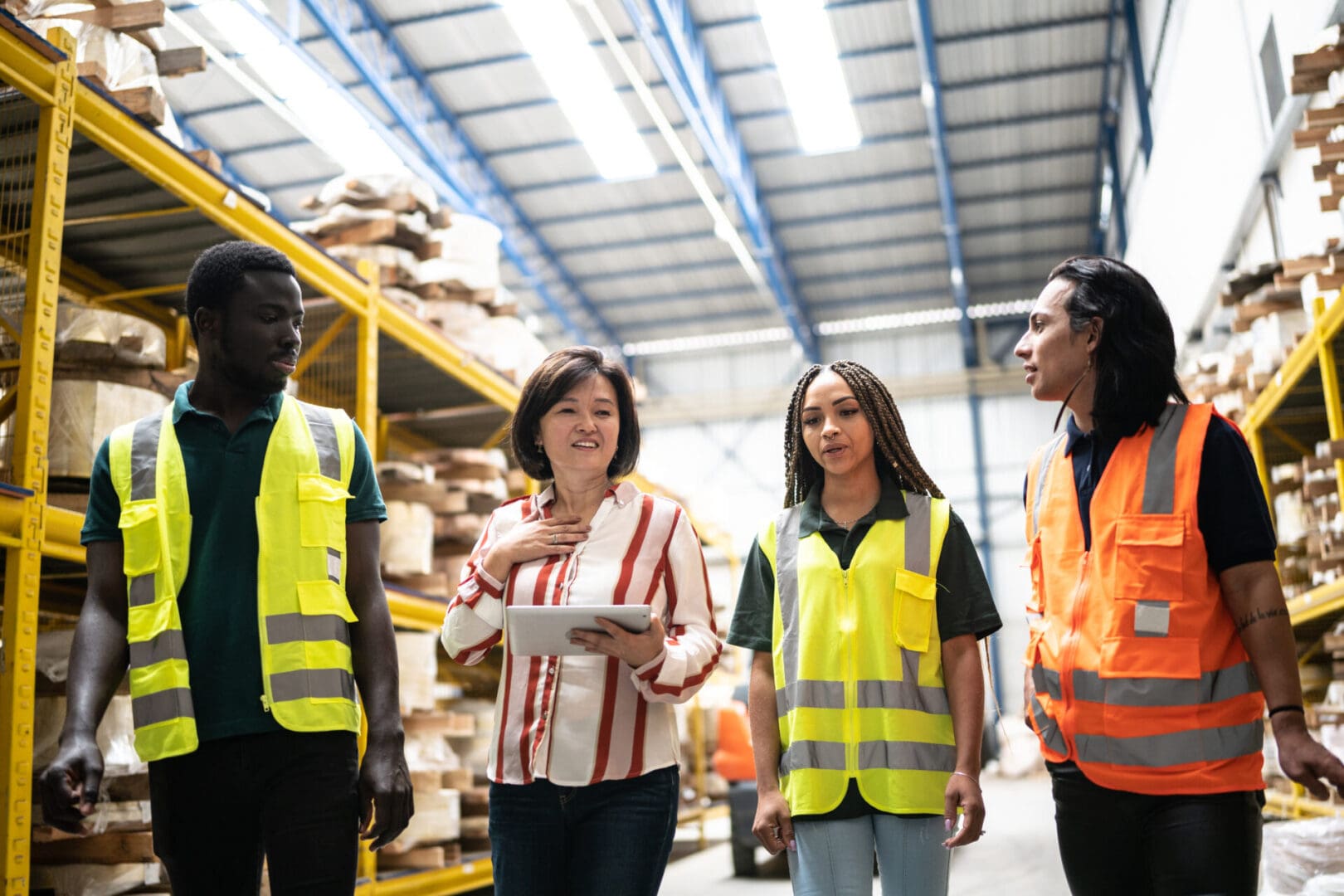 A group of people in safety vests standing next to each other.